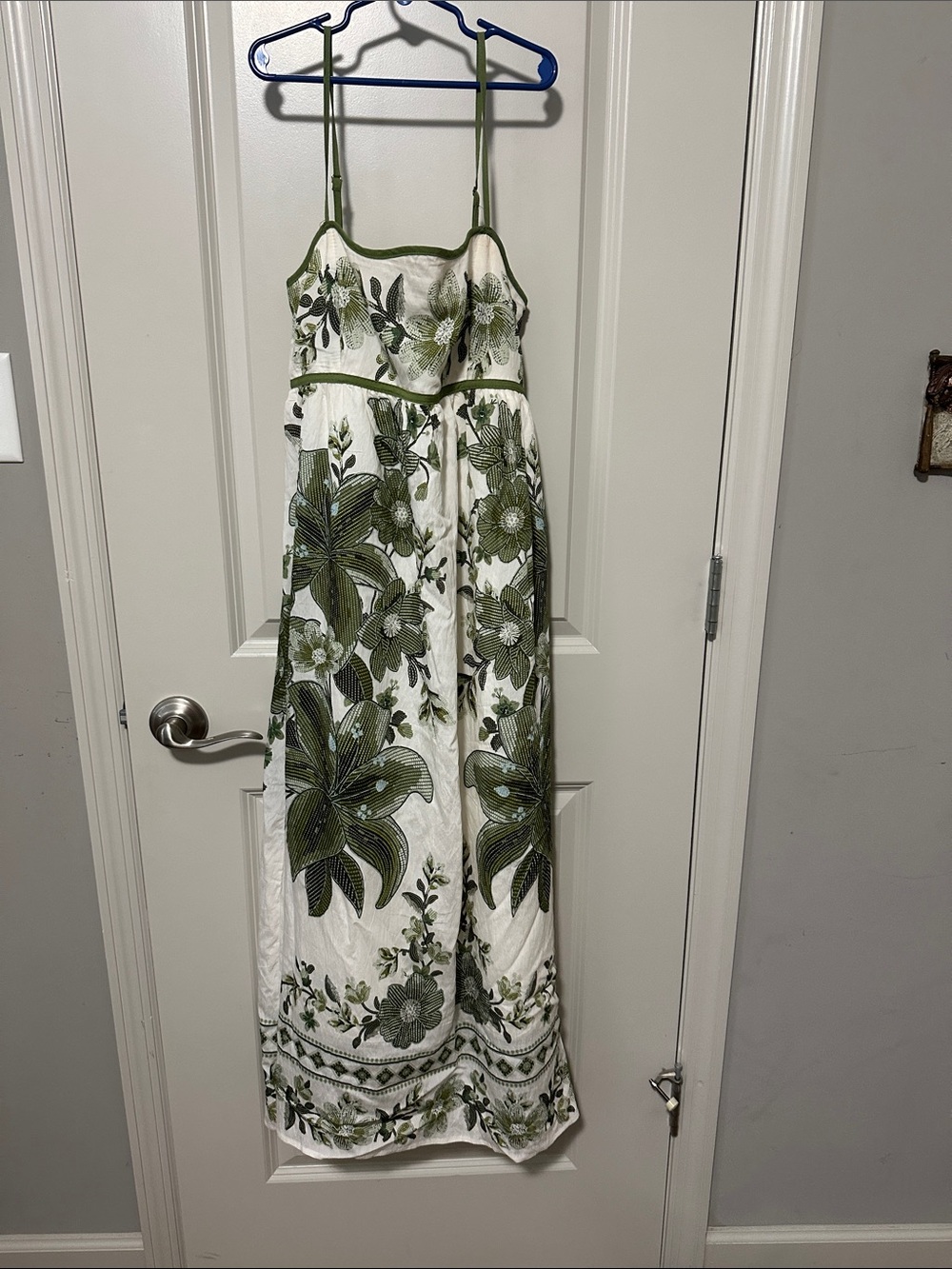 Blu Pepper White Maxi Dress with Olive Green Floral Print